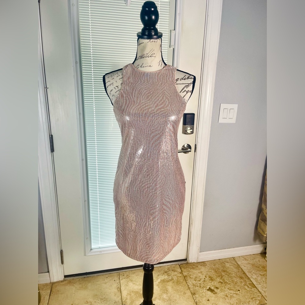 Michael Kors Rosewater Rose Gold Pink Zebra Striped Sequin Bodycon Mini Dress XS